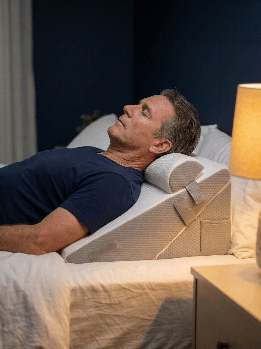 Person sleeping comfortably on the FAVIX Sleep Elevation Wedge