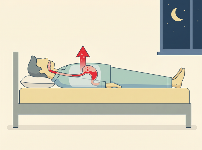 Body lying flat — stomach and throat level, acid rising into esophagus