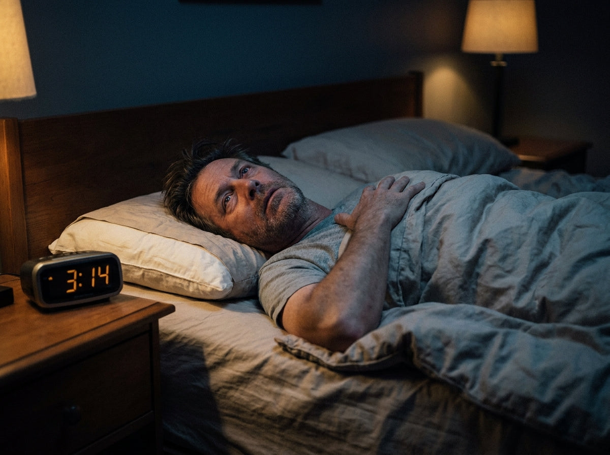 Person awake in a dark room, bedside clock reading 3am, hand at chest